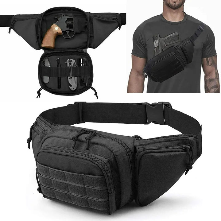 Unisex tactical concealed carry waist pack in olive drab with front pockets and molle webbing