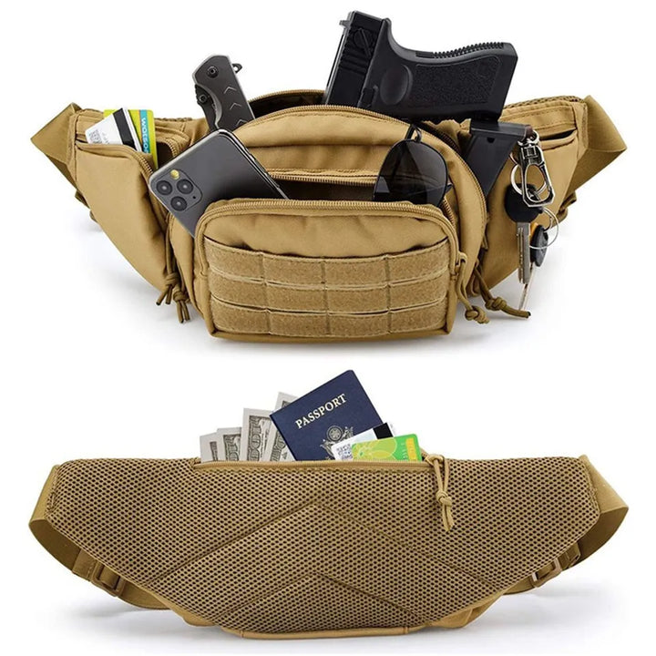Camouflage military style fanny pack with a discreet compartment for concealed carry