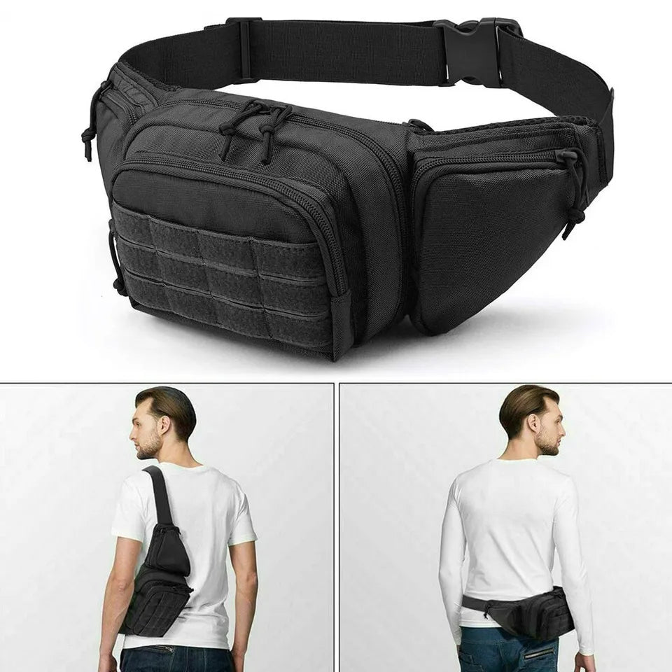 Black tactical fanny pack for concealed carry with adjustable strap and multiple compartments