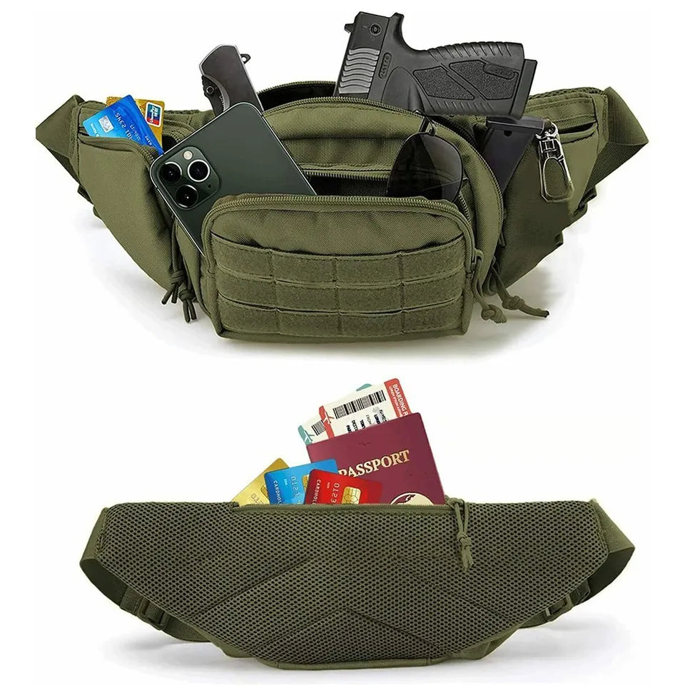 Front view of a khaki tactical concealed carry fanny pack, suitable for everyday use