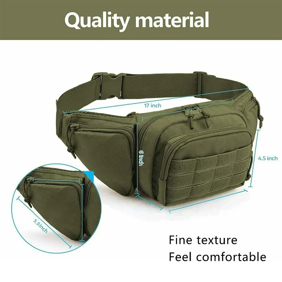 Unisex tactical waist pack worn by a person, illustrating comfortable and secure fit