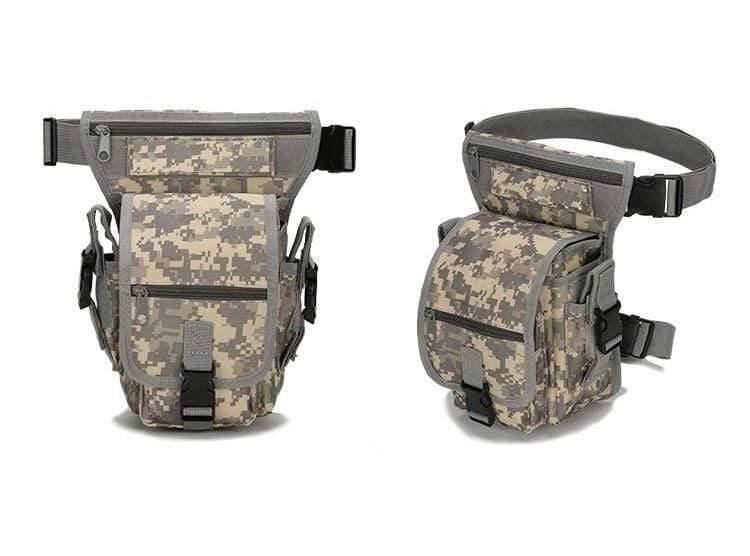 Hunting drop leg bag, military-style, worn on a leg, perfect for outdoor survival gear.