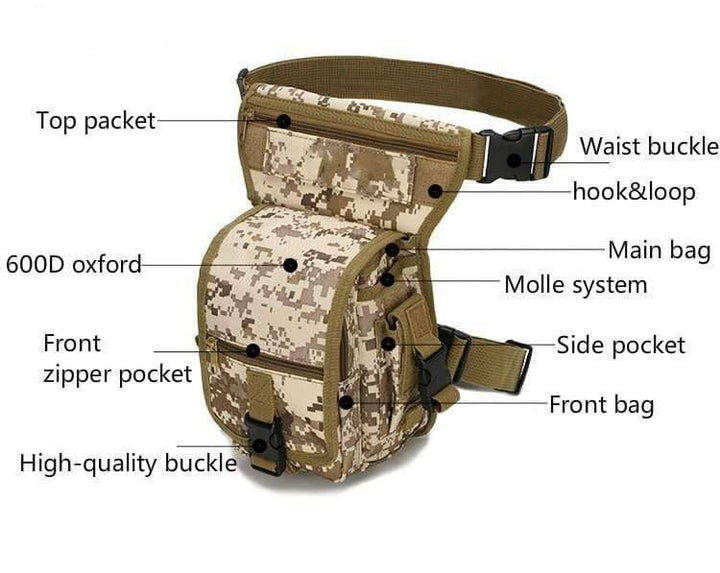 Rugged outdoor drop leg bag, unisex design, for carrying essentials during hunting trips.