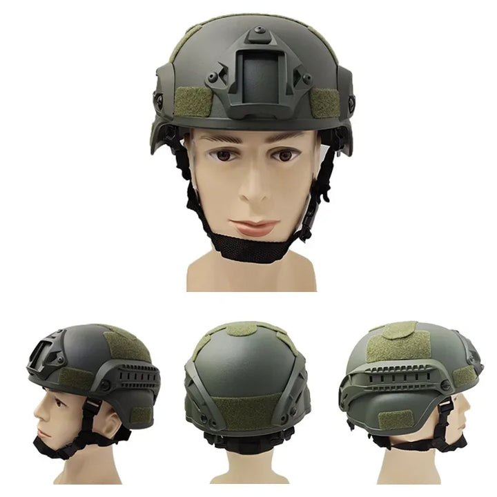 Front view of an airsoft FAST helmet showing integrated rail system for accessories.