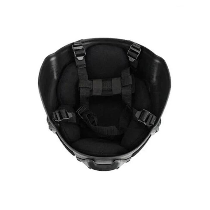 Camo tactical FAST helmet, durable head protection for paintball and outdoor gear.