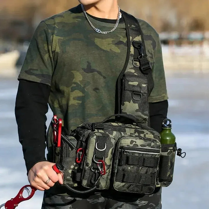 Waterproof tactical fishing backpack for anglers, featuring integrated rod holder and tackle storage