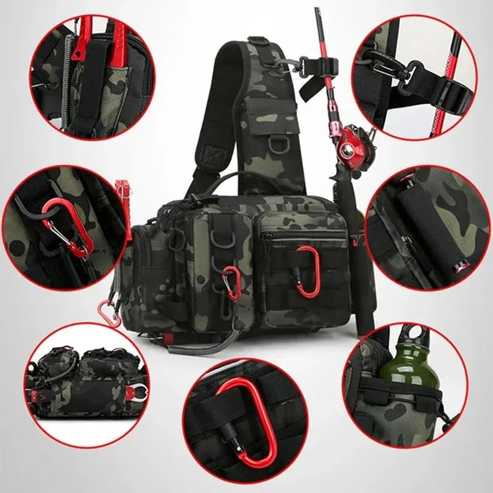 Fishing tackle bag, unisex design, with multiple compartments and rod holder for outdoor fishing
