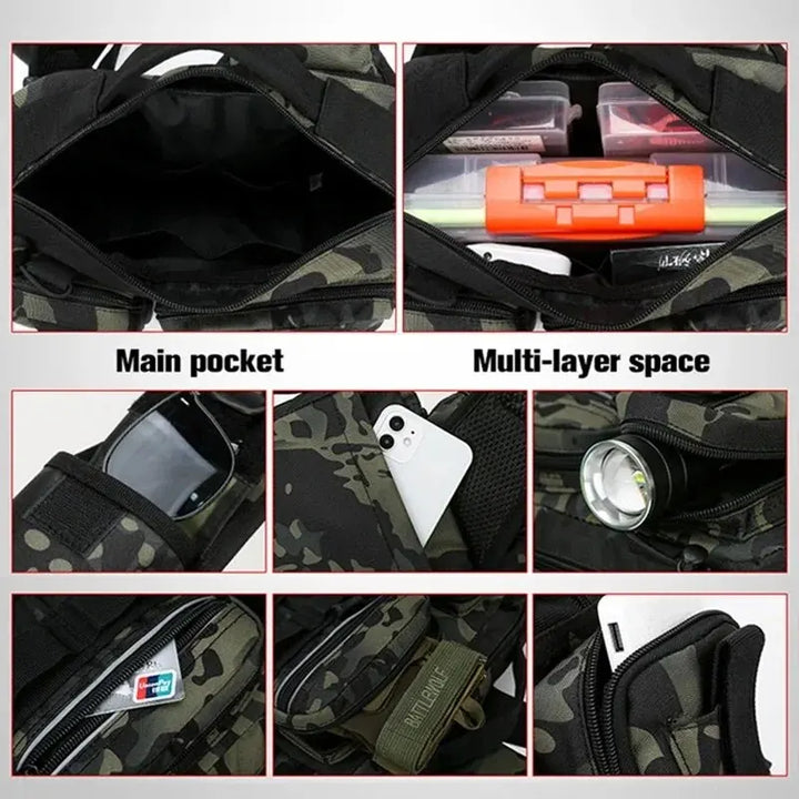 Angler gear backpack, unisex, showcasing a dedicated rod holder and waterproof construction