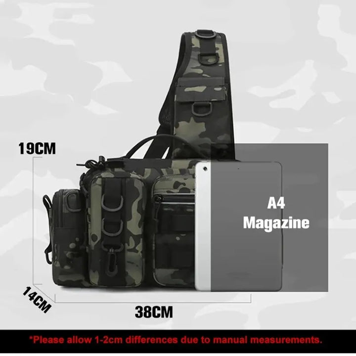 Outdoor fishing storage backpack, tactical style, with integrated rod holder and ample space