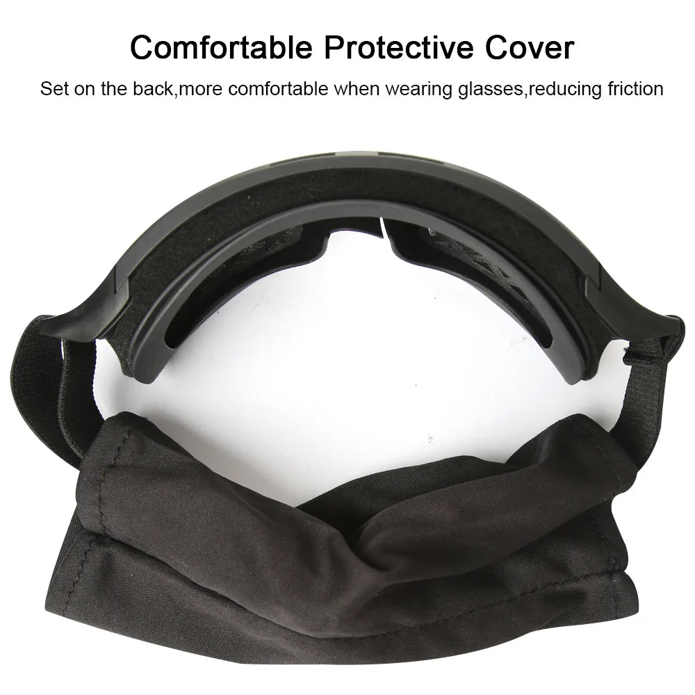 Close-up of tactical goggles showing interchangeable lens mechanism, anti-fog coating for sports eyewear.