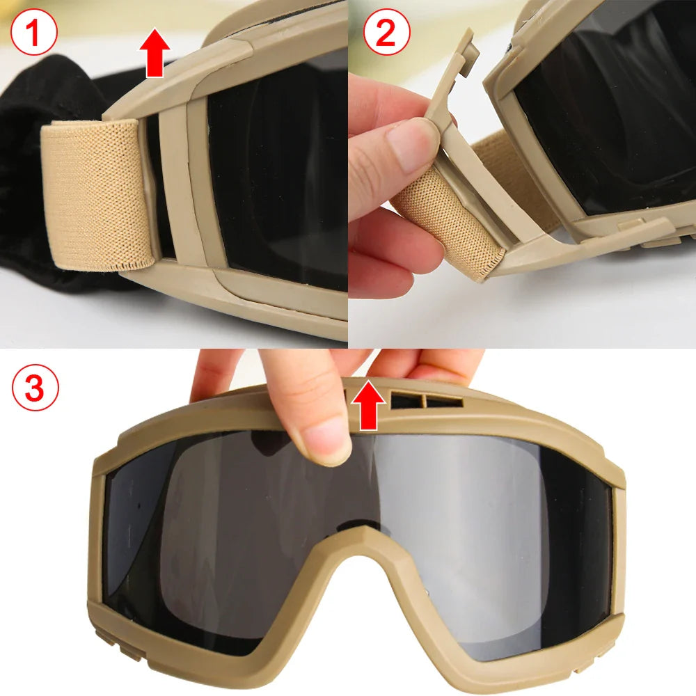 Unisex tactical goggles with multiple interchangeable anti-fog lenses (clear, smoke, yellow) displayed.