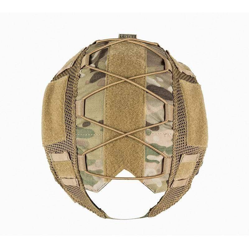 Military helmet cover with MOLLE webbing and camouflage for tactical gear and survival