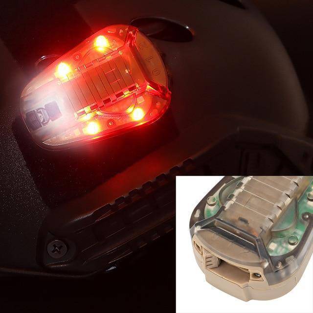 Durable helmet-mounted visibility light, a tactical strobe for enhanced safety in low light.