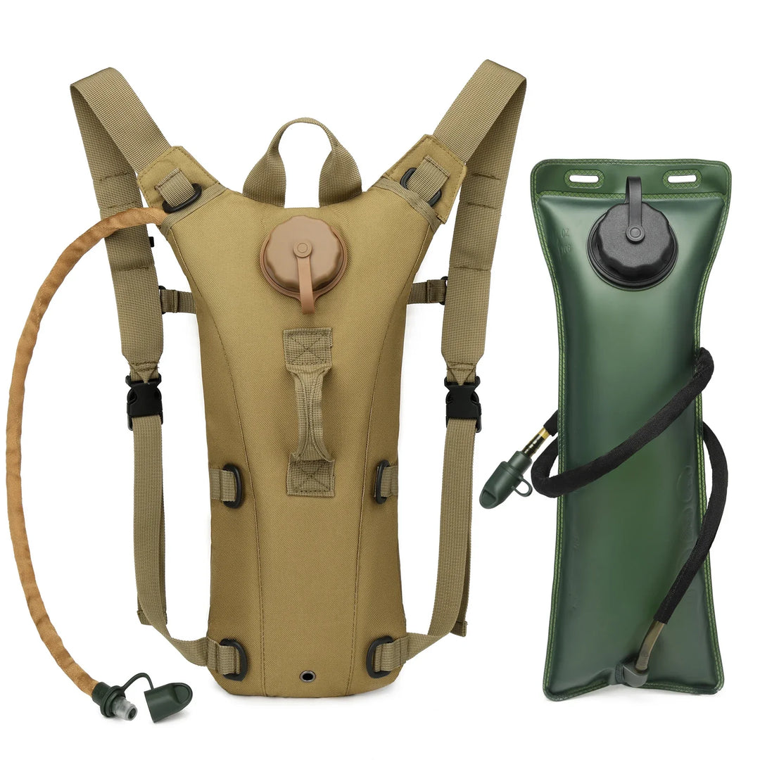 Group of tactical hydration packs with 3L bladders, showcasing different color options for outdoor sports