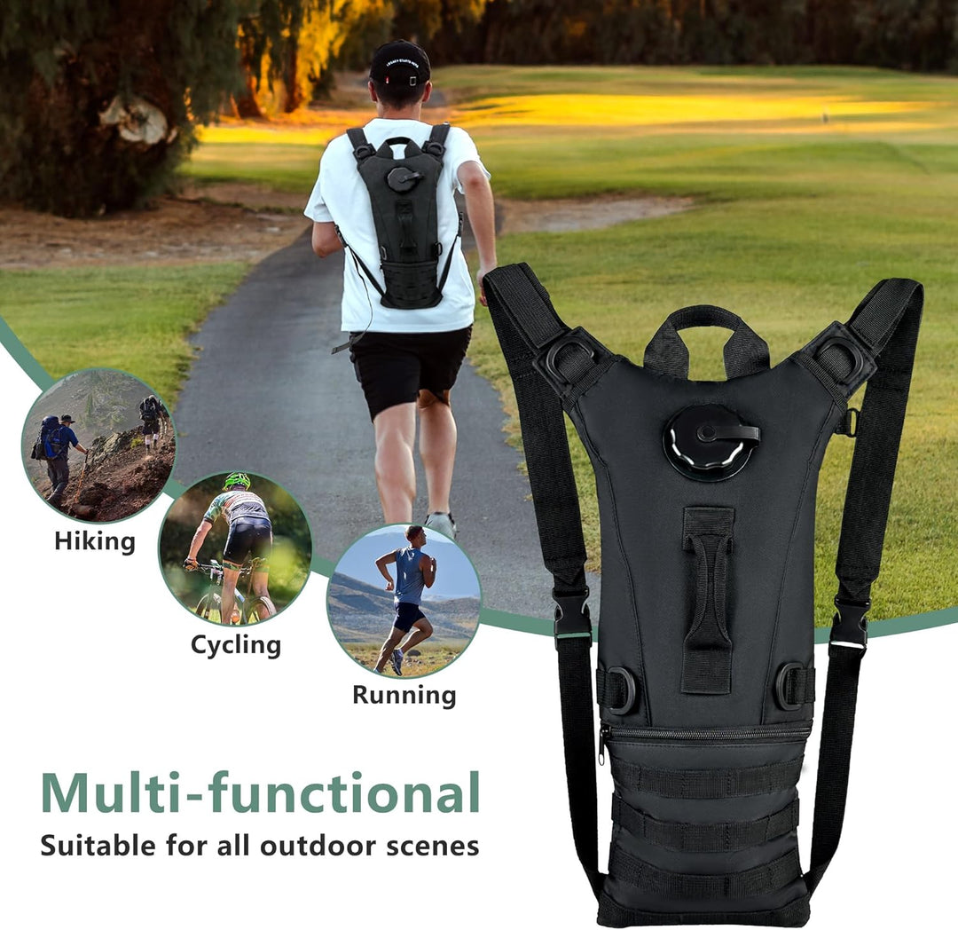 Side view of a black 3L hydration backpack, durable outdoor gear for biking & military use