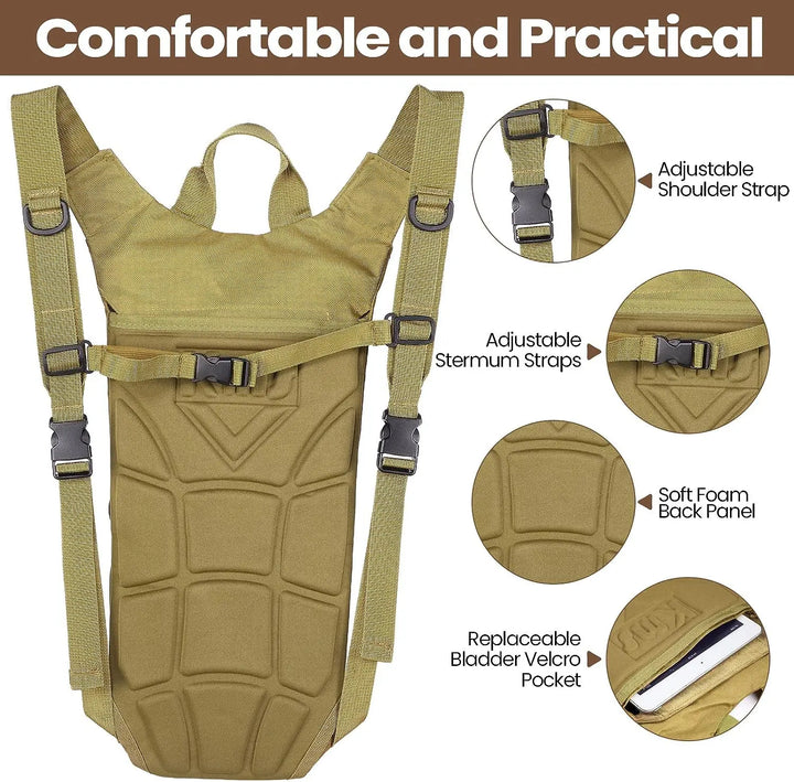 3L hydration bladder removed from the tactical pack, showing the drinking tube and mouthpiece