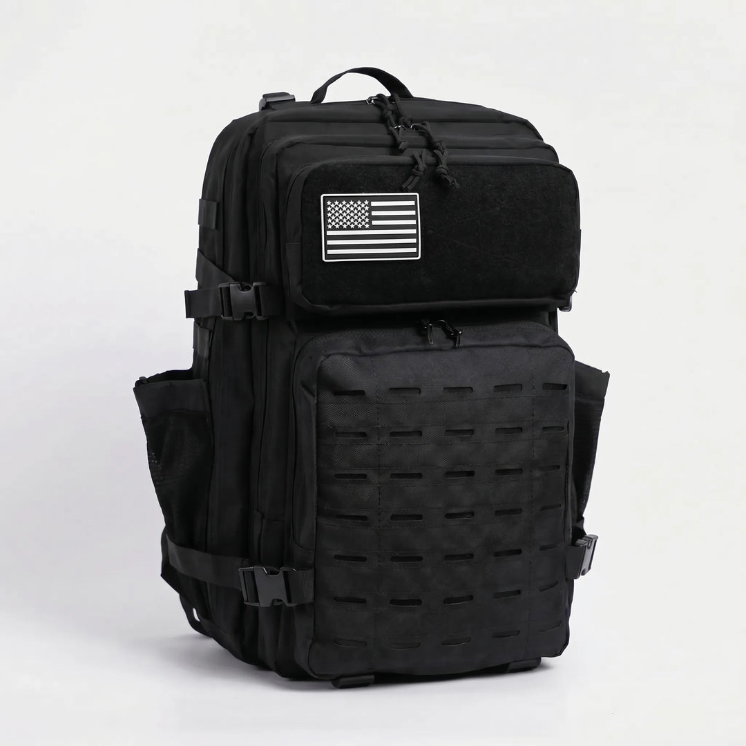 Durable tactical MOLLE backpack with large capacity, ideal for travel, gym, or outdoor adventures. Unisex hiking bag.