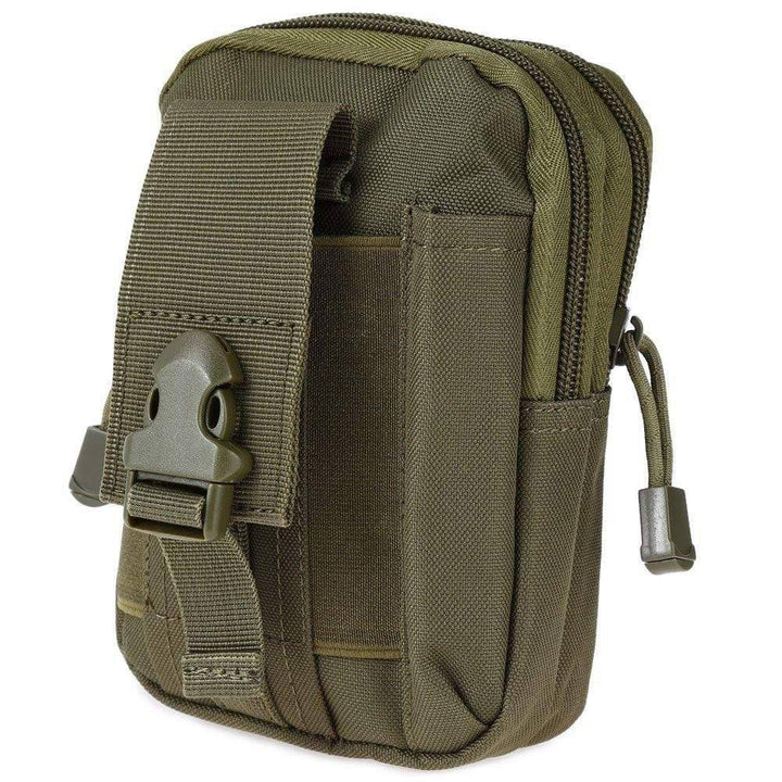 Close-up of a black tactical MOLLE belt pouch, durable EDC organizer for hiking