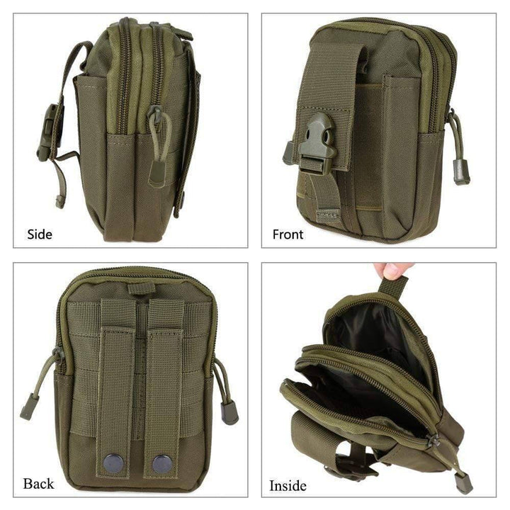 Tactical MOLLE pouch open, showing internal organization for hiking essentials