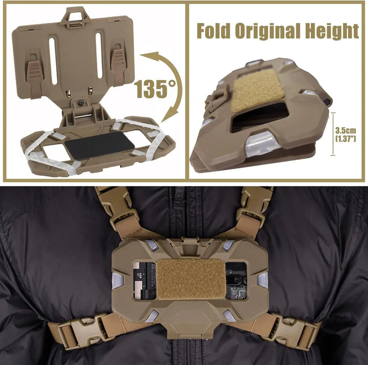 Folding phone holder chest mount for tactical gear and outdoor activities