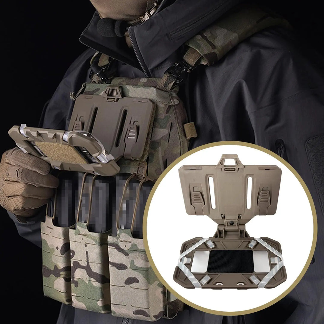 Close-up of MOLLE phone holder on chest, perfect for tech accessory needs