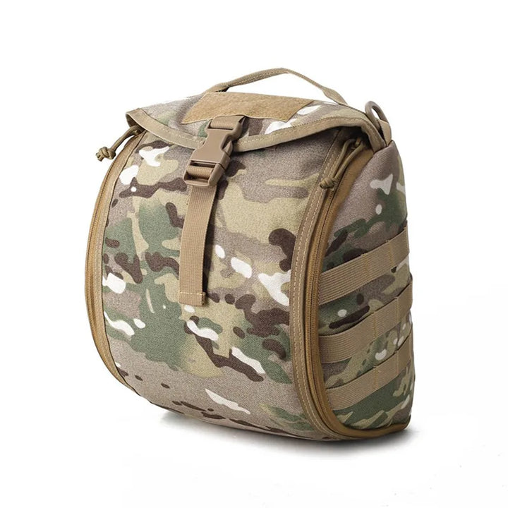 Empty tactical MOLLE helmet bag, demonstrating its lightweight and foldable design for easy transport