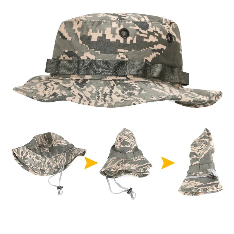 Close up of tactical boonie hat, showing durable fabric and ventilation eyelets