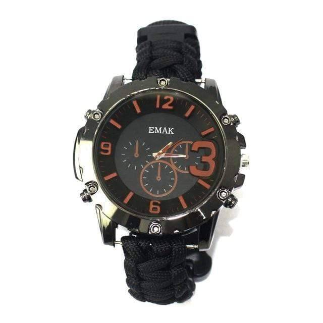 Unisex black paracord survival watch with a prominent compass, ideal for hiking and emergency preparedness
