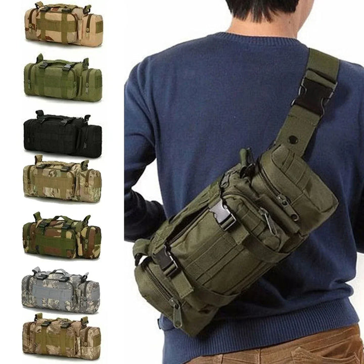 Unisex tactical waist bag, black, worn on hip for hiking with MOLLE system & water resistance