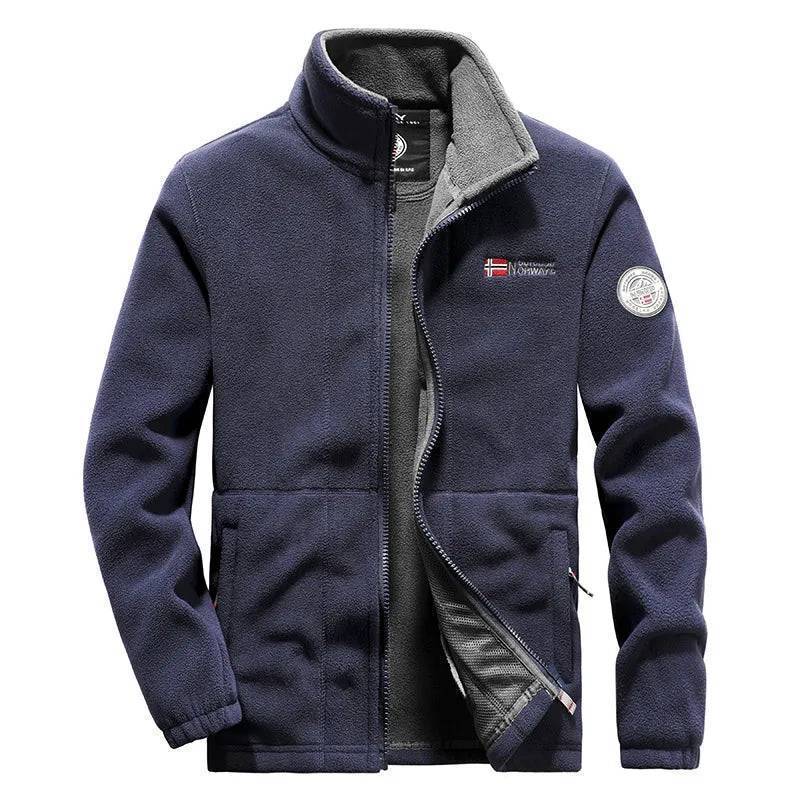 Unisex thermal fleece tactical jacket in a natural outdoor setting, durable windproof winter coat