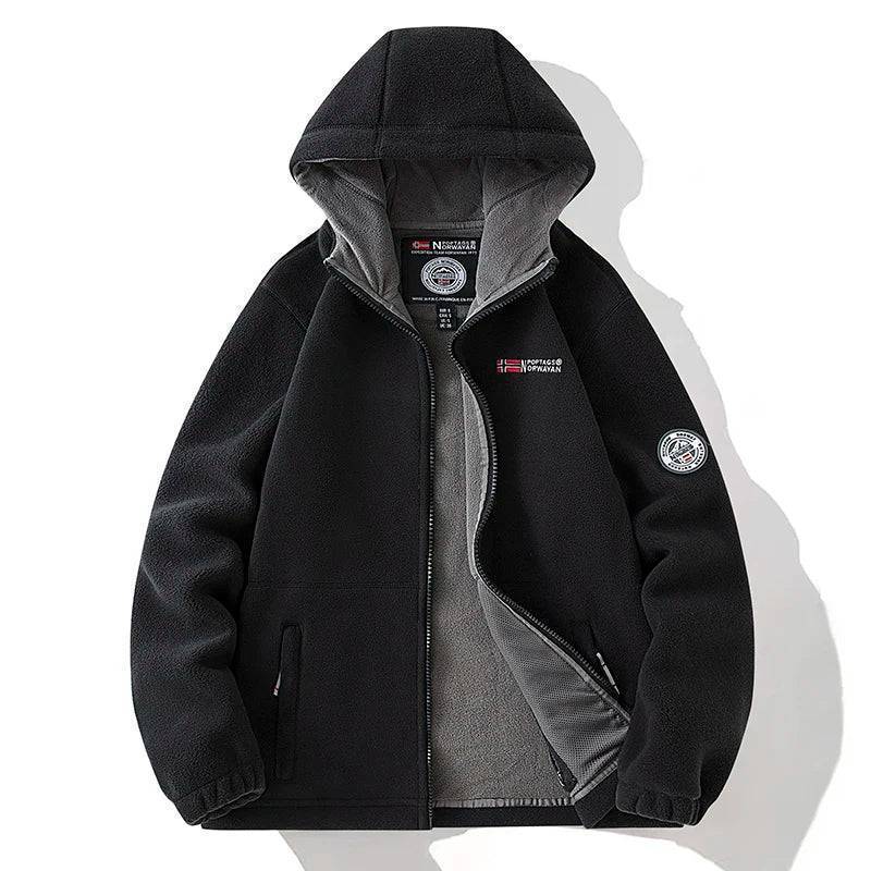 Breathable fabric detail of unisex thermal fleece tactical jacket, comfortable for outdoor sports