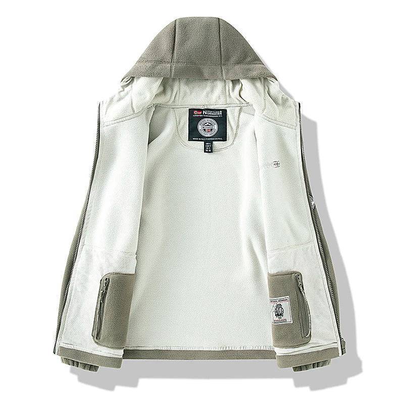 Front view of black unisex thermal fleece tactical jacket, ideal windproof outdoor sports coat