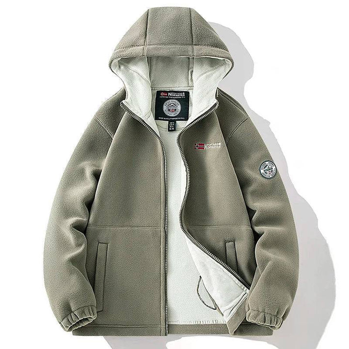 Rear view of grey unisex thermal fleece tactical jacket, perfect windproof outdoor gear