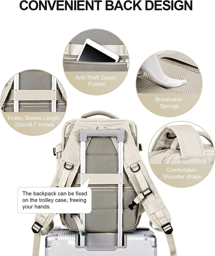 Beige laptop backpack for 14-inch devices, featuring a shoe compartment and convenient USB charging.