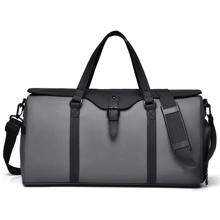 Unisex duffle bag in an airport setting, easily fitting into overhead bin as a carry-on.