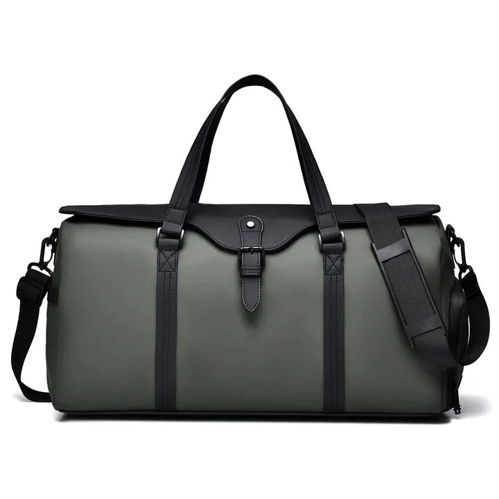 Close-up of the durable fabric and strong zippers of the grey travel duffle bag.