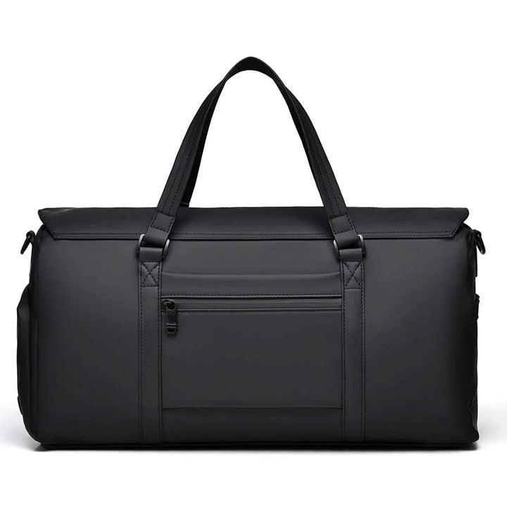 Black carry-on duffle bag for men's and women's travel, designed for weekend trips and short stays.
