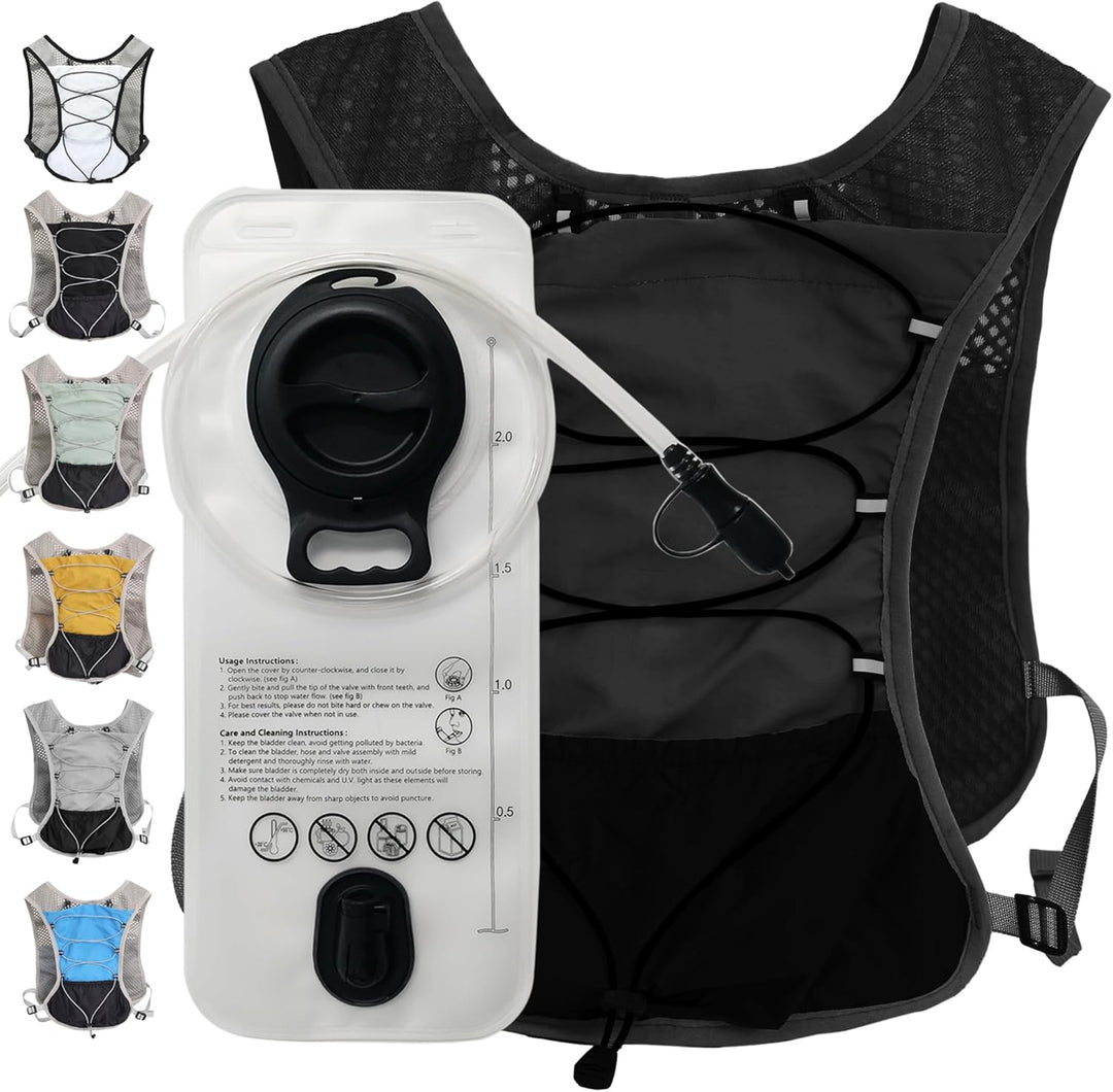 Lightweight hydration pack vest, 2-liter water capacity, adjustable for hiking & running.