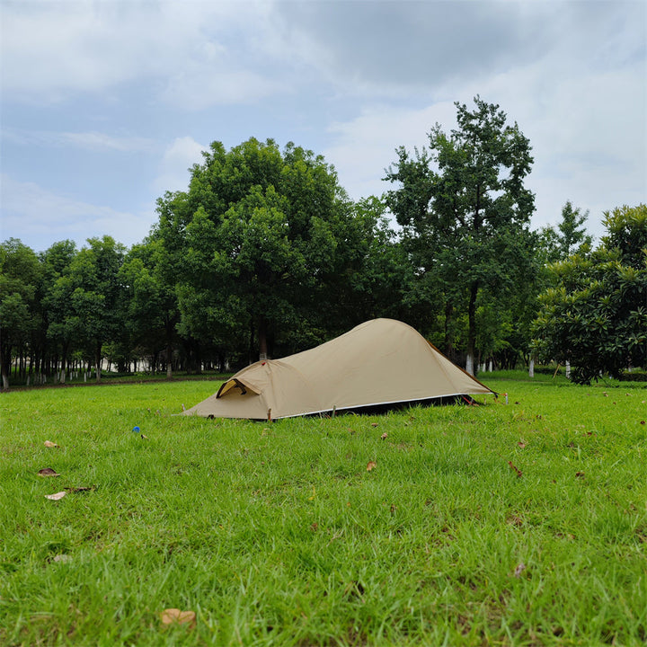 Overhead view of the compact 1-person backpacking tent, illustrating its small footprint for tight spots.