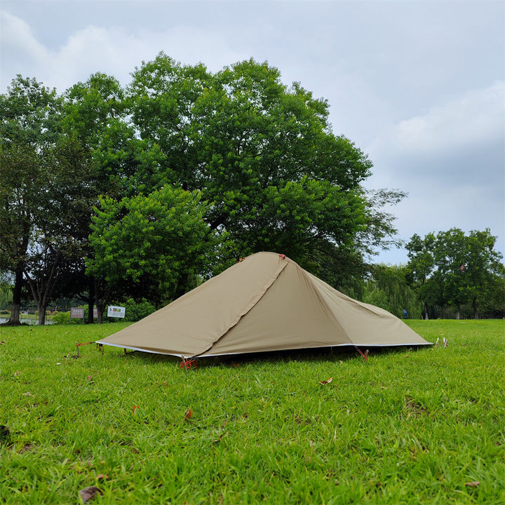 Packaged ultralight 1-person all-season tent with essential tags, ready for adventurous use.