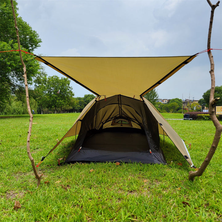 Unisex 1-person tent poles connected, demonstrating the simple and quick assembly for backpacking trips.
