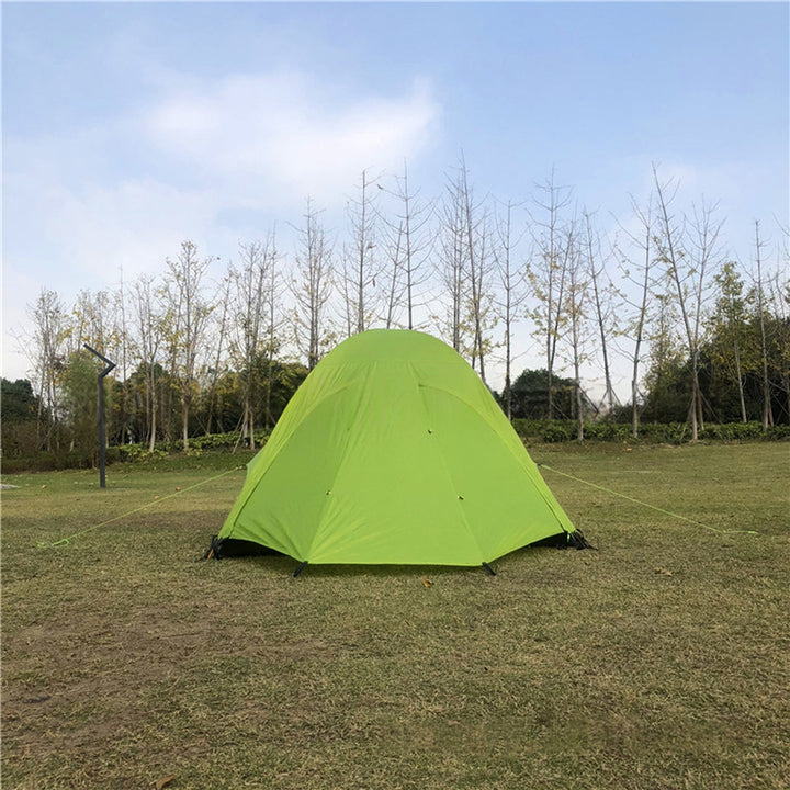 Camping tent door open, showing interior and ventilation, 3-person ultralight