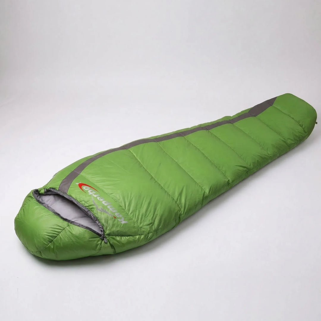 Warm, compressible unisex down mummy sleeping bag for winter camping & extreme cold.