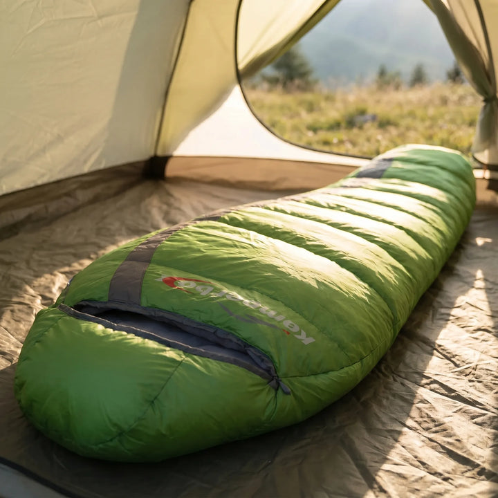 Compact, ultralight down sleeping bag, perfect for cold weather camping & backpacking warmth.