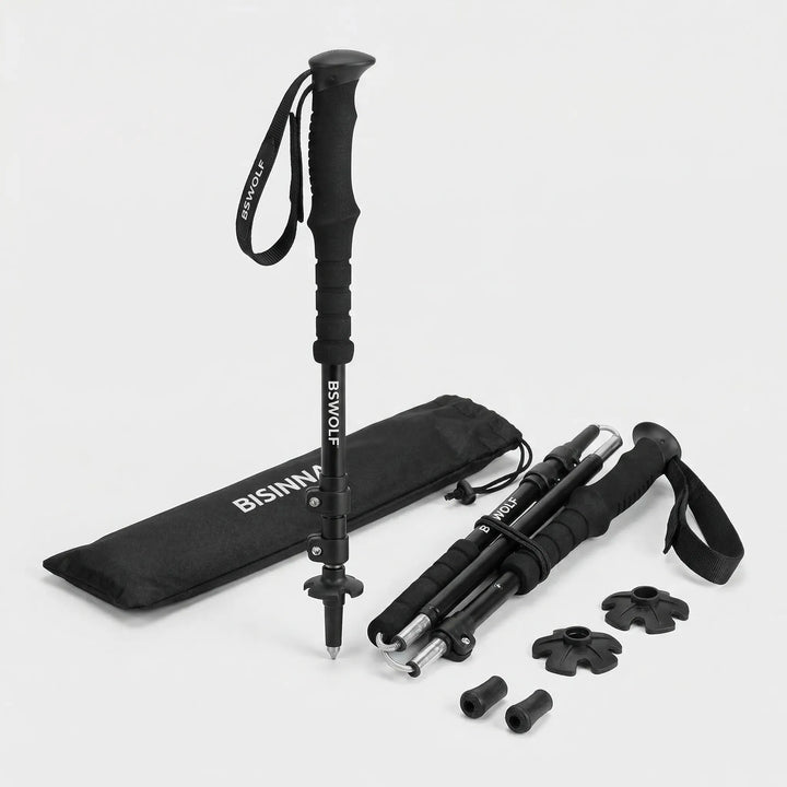 Compact folding ultralight trekking poles, ideal for hiking, backpacking, & easy storage. Durable aluminum.