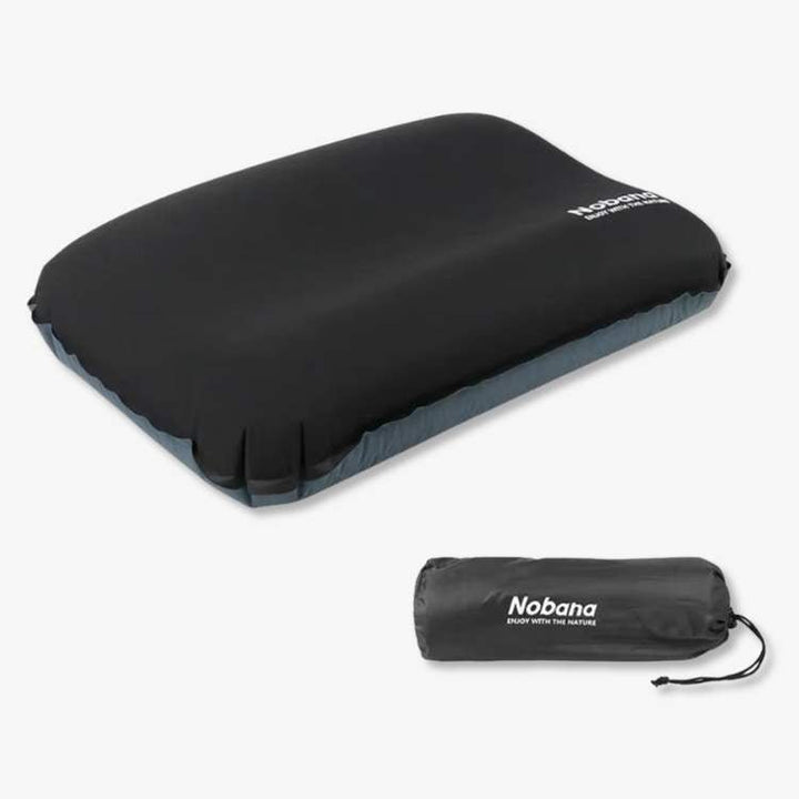 Lightweight inflatable travel pillow shown inflated, offering superior neck support.