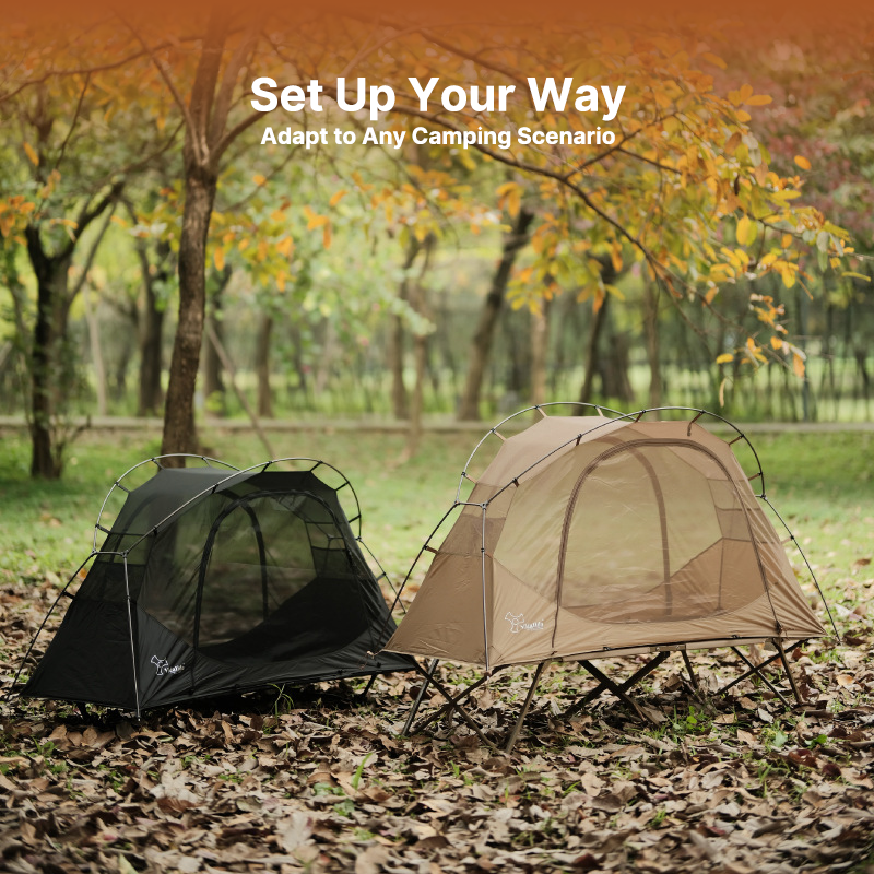 View inside the solo bivy tent, showcasing cot compatibility and spacious interior