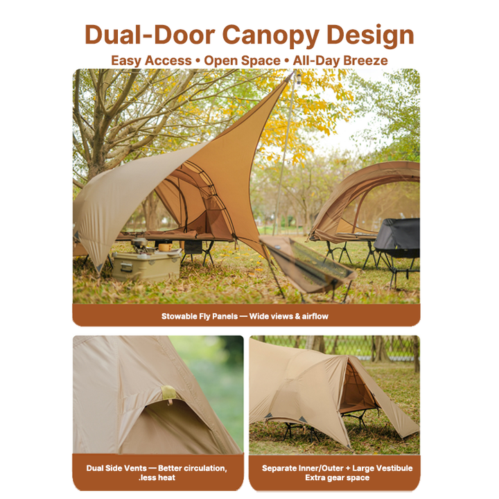 Close-up of the waterproof rainfly on the cot-compatible solo bivy camping tent