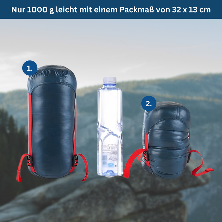 Person zipping up a unisex ultralight sleeping bag during a camping trip, warm and cozy