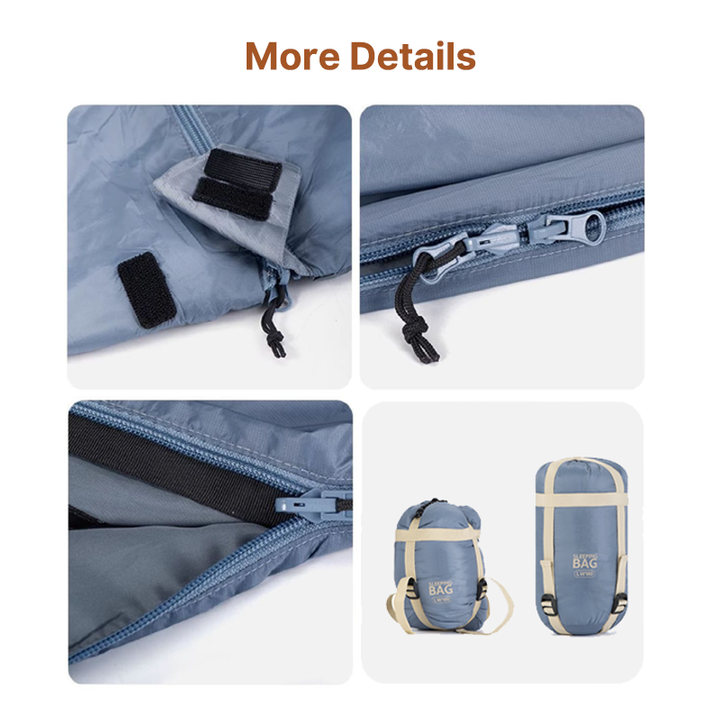 Washable camping sleeping bag, flat lay, showcasing durable and easy-care fabric
